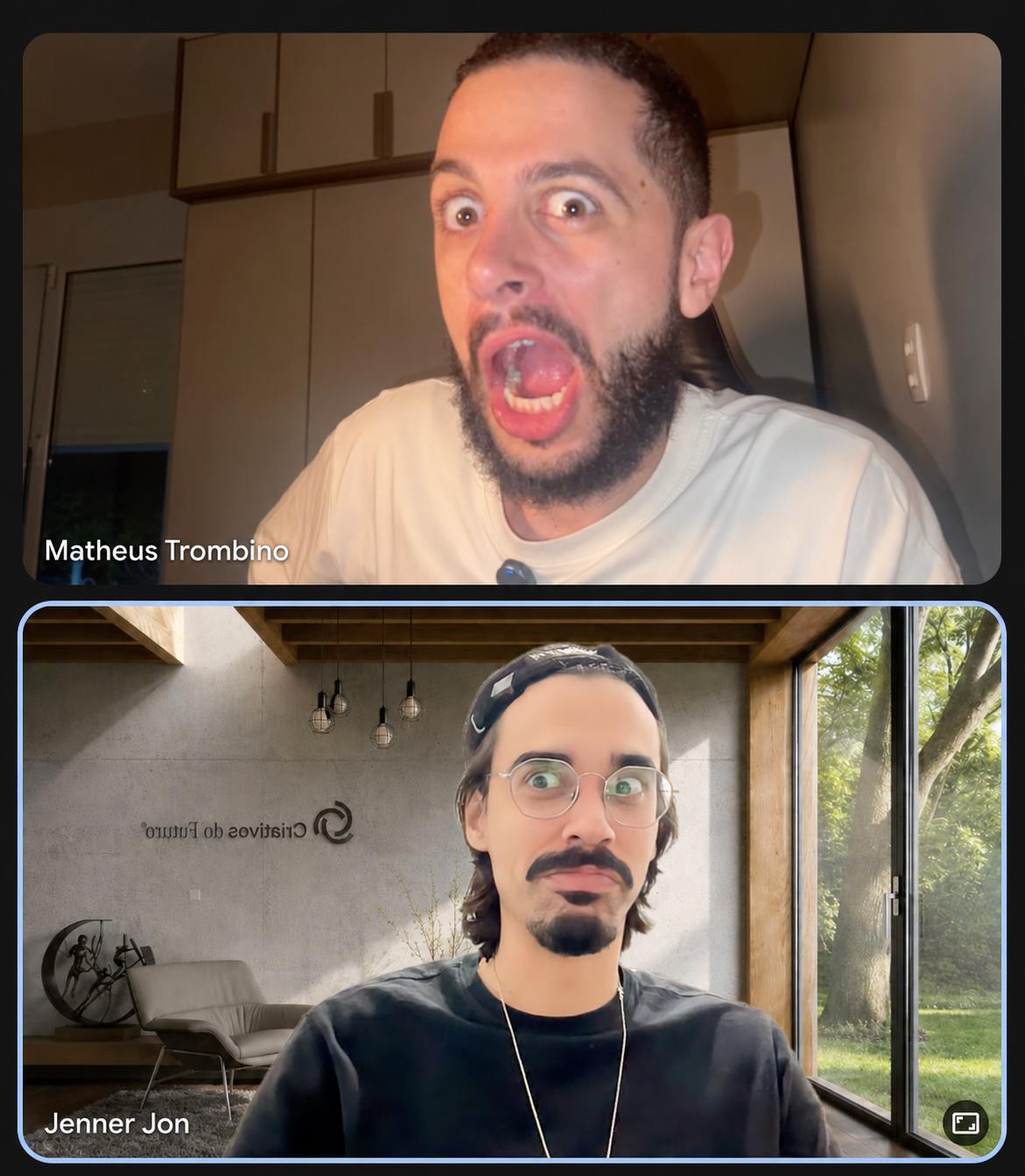Matheus Trombino e Jenner Jon em uma chamada de vídeo